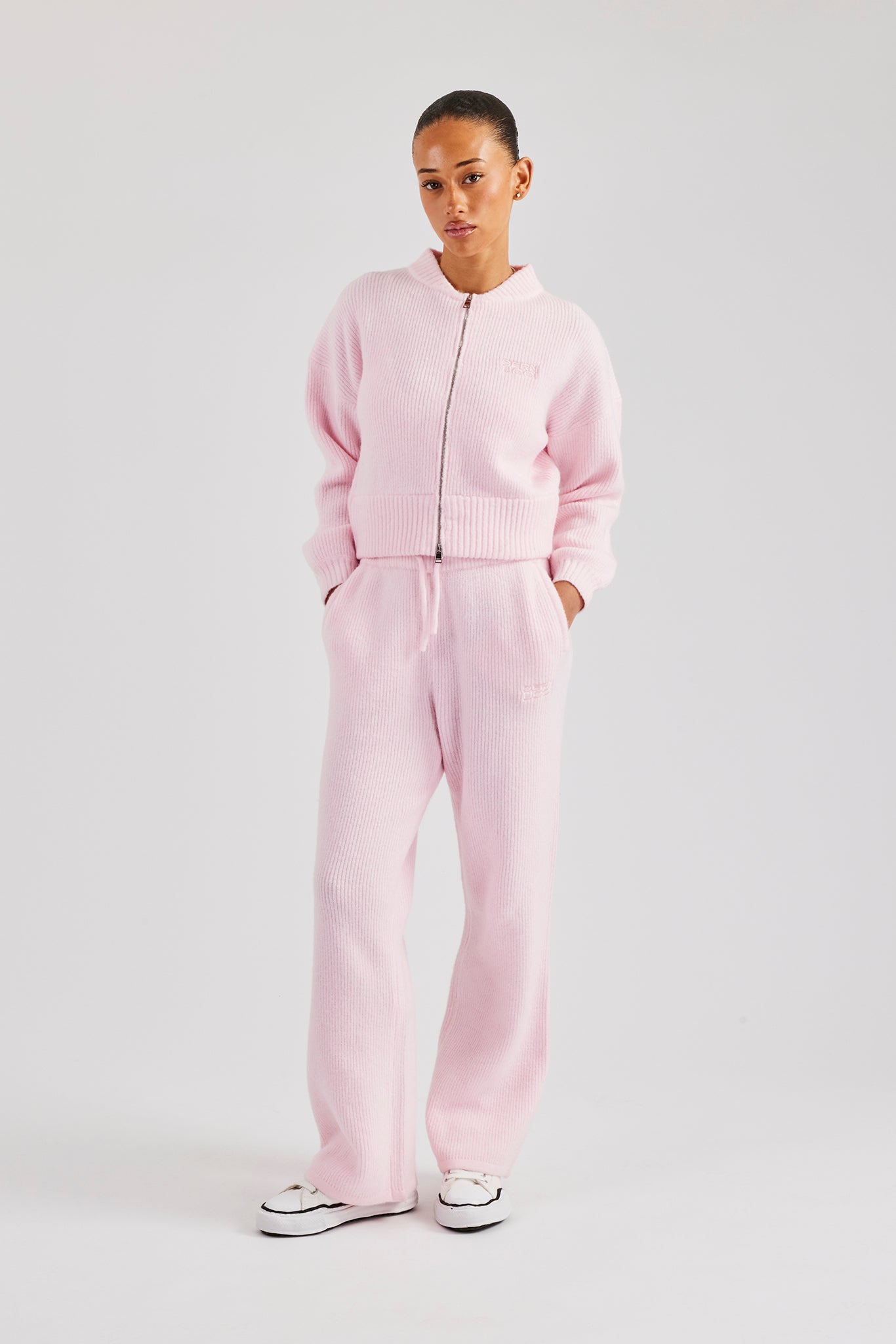 Knitted Zip Front Bomber - Baby Pink